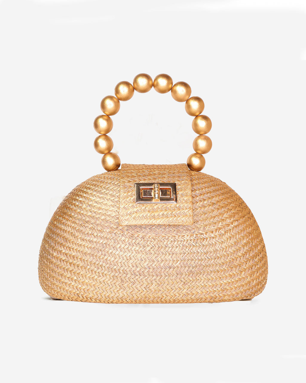 THE ORLA Gold Woven Straw & Wooden Bead Statement Clutch Bag