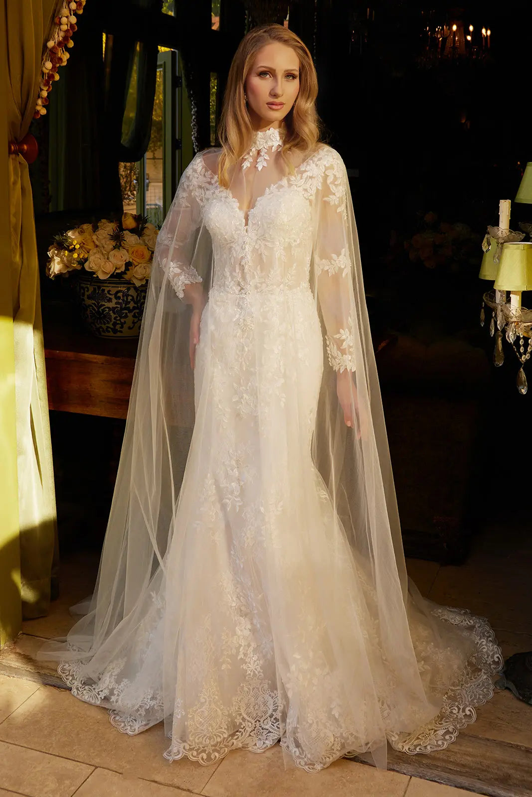 Beads accented embroidered wedding dress with mesh cape GLGL3605