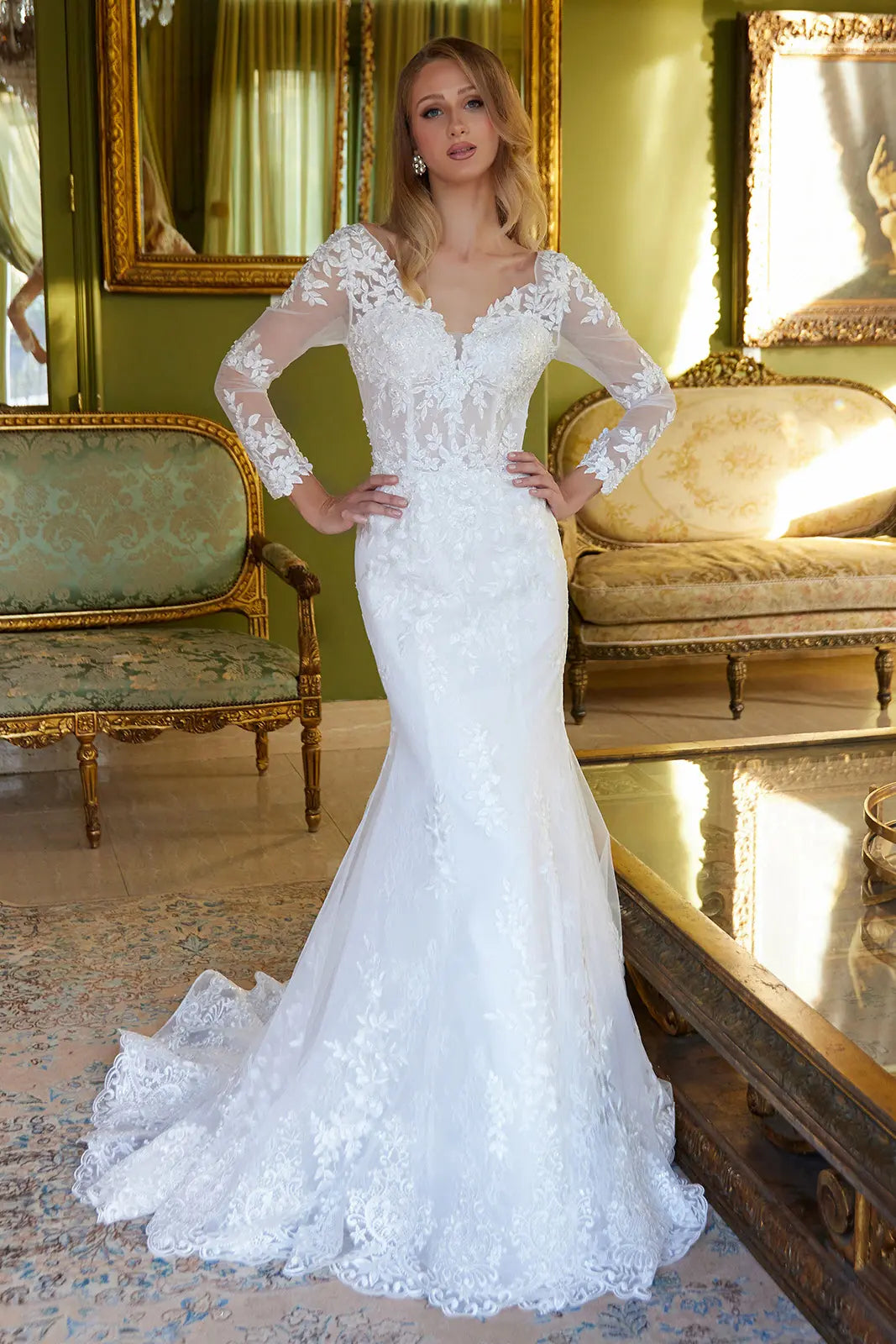 Beads accented embroidered wedding dress with mesh cape GLGL3605