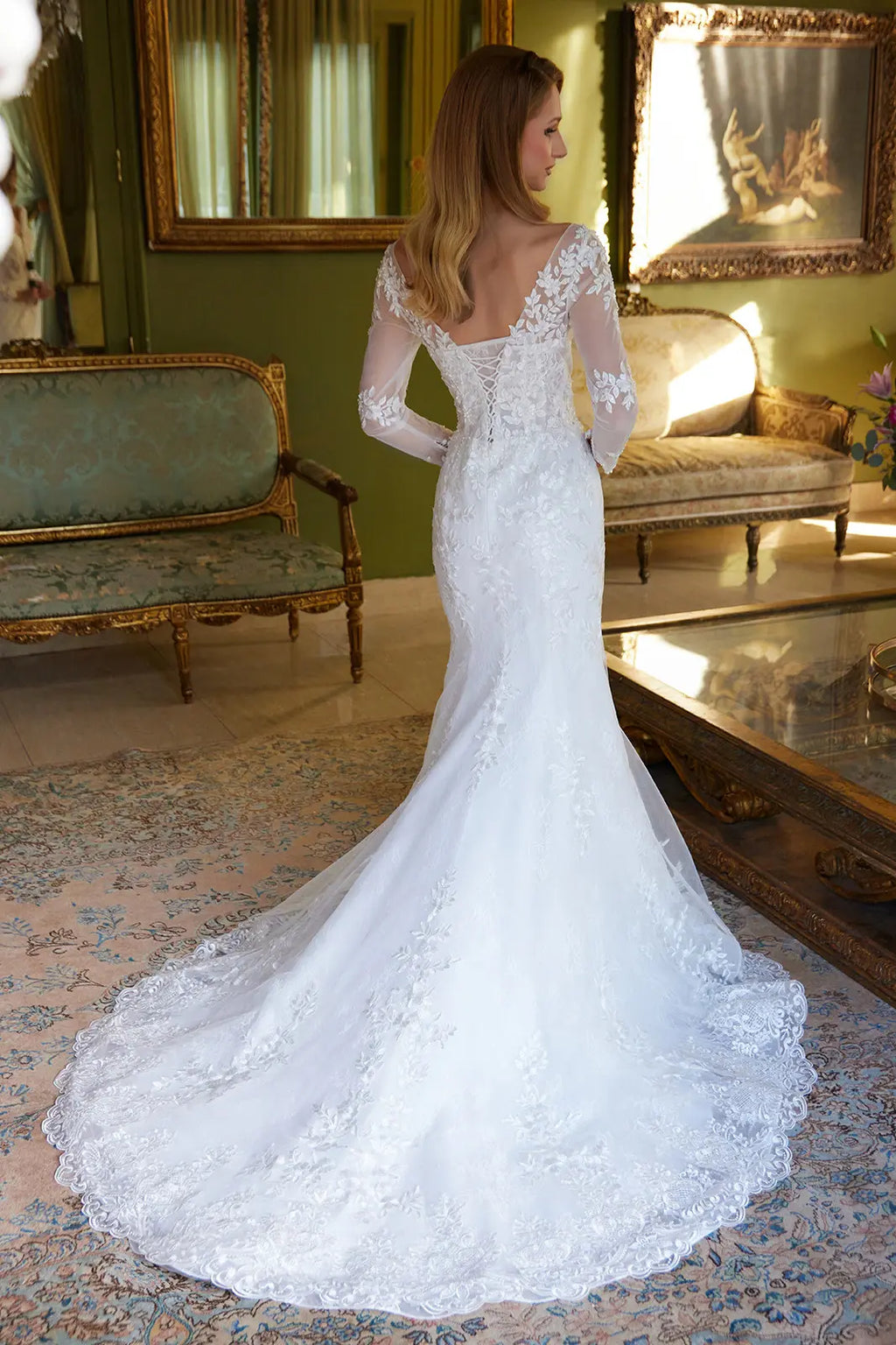 Beads accented embroidered wedding dress with mesh cape GLGL3605