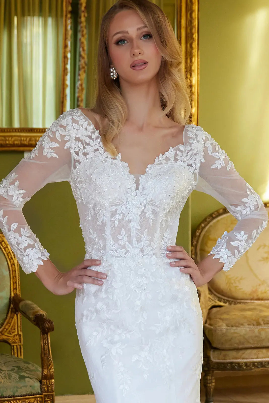Beads accented embroidered wedding dress with mesh cape GLGL3605