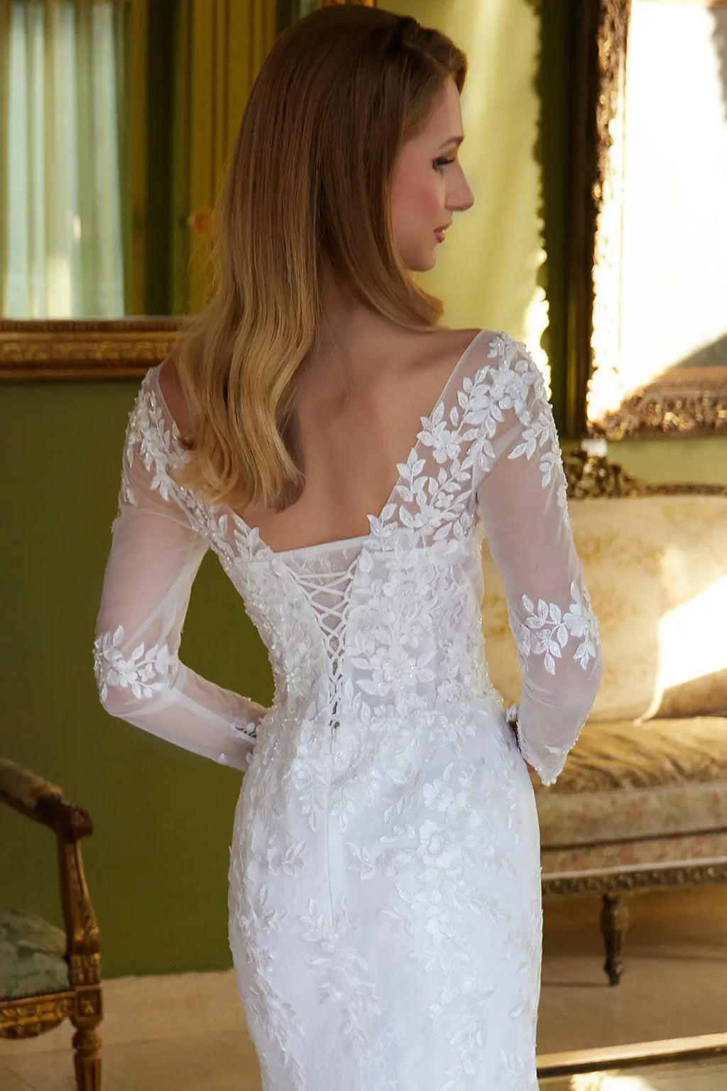 Beads accented embroidered wedding dress with mesh cape GLGL3605