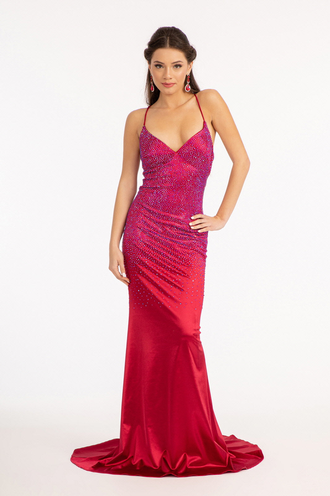 Rhinestones Embellished Long Mermaid Formal Gown w/ Lace Up Back & Thin Straps GLGL3045