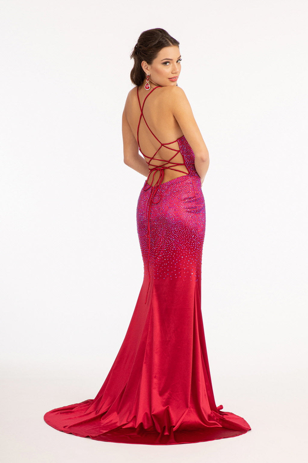 Rhinestones Embellished Long Mermaid Formal Gown w/ Lace Up Back & Thin Straps GLGL3045