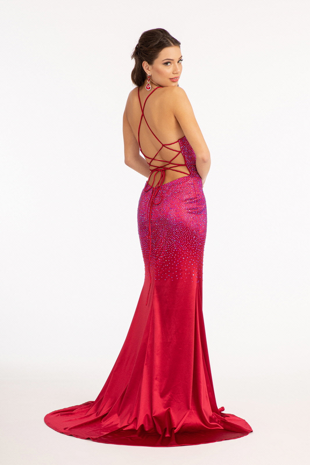 Rhinestones Embellished Long Mermaid Formal Gown w/ Lace Up Back & Thin Straps GLGL3045
