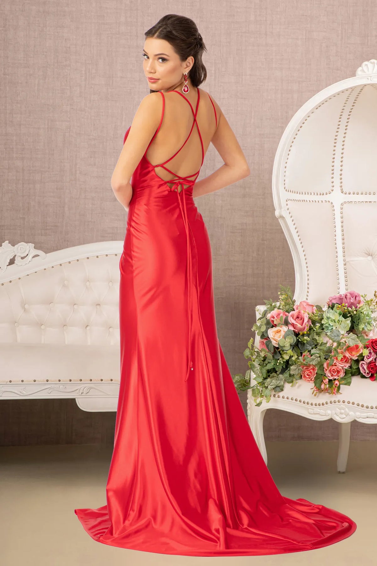 Straight across satin mermaid dress w lace up back and slit GLGL3061